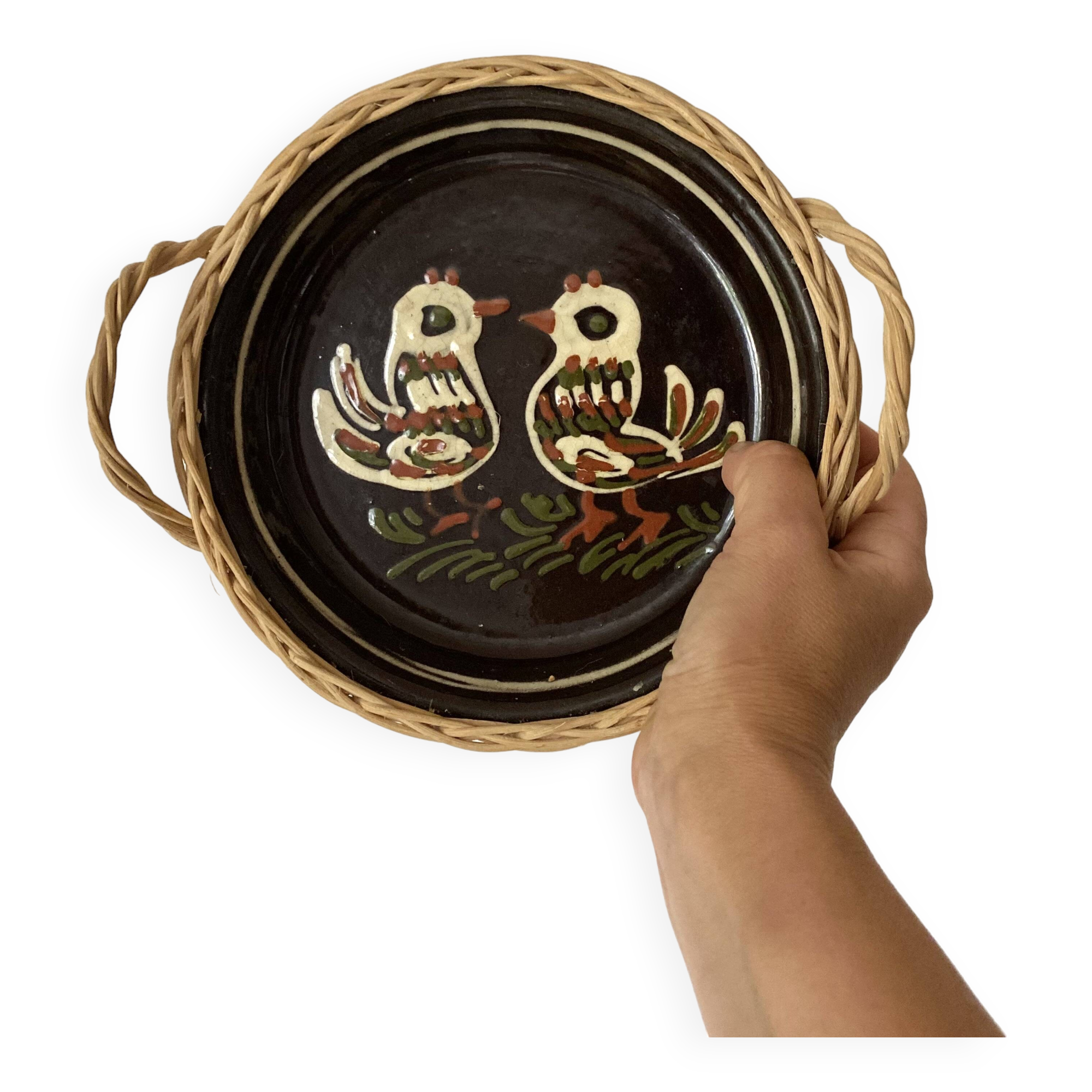 Alsatian wicker and ceramic bird dish