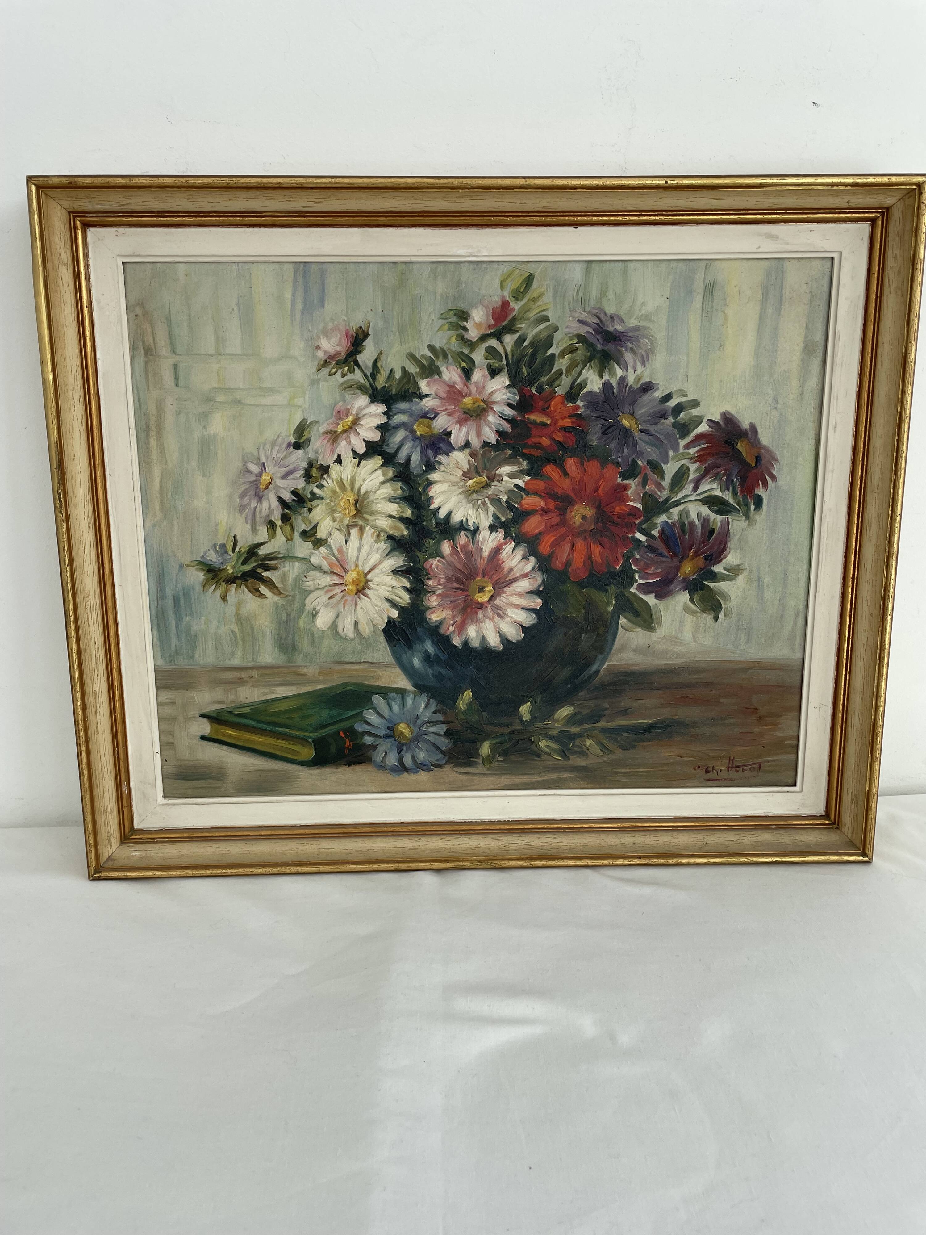 Vintage, oil painting, still life with bouquet of flowers, book, 20th century, signed