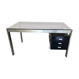 Vintage desk in smoked glass and brushed steel. 1970. Suspended box