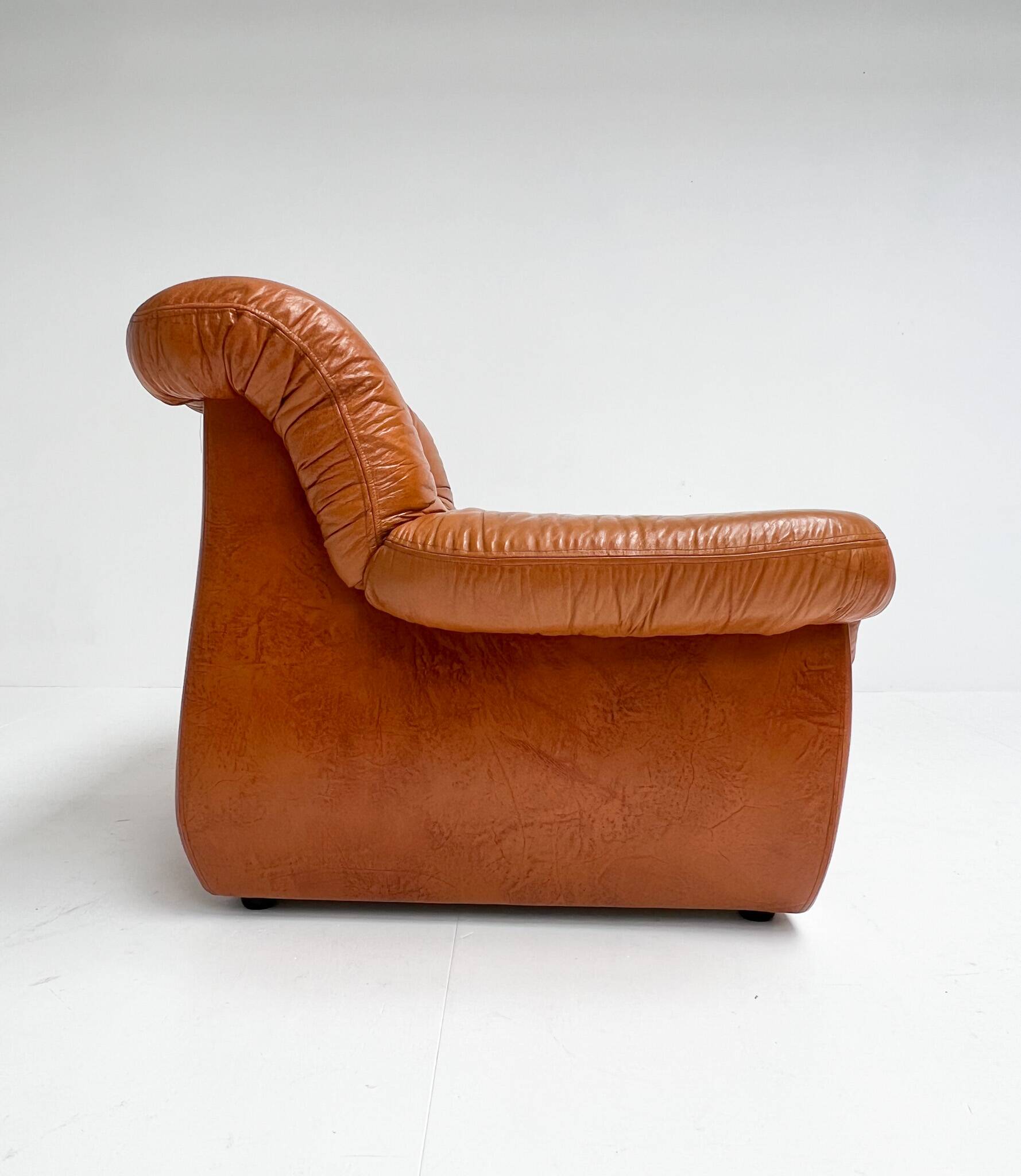Cognac colored leather Pellerossi lounge chair, 1960s