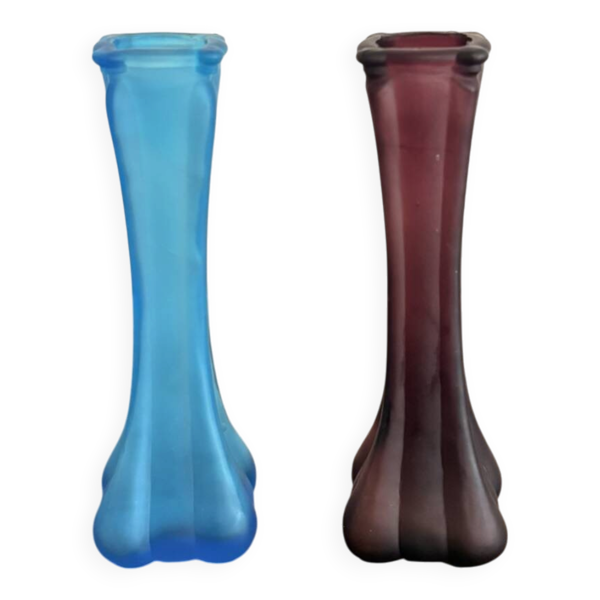 Paire vases soliflore art nouveau verre dépoli bleu violet