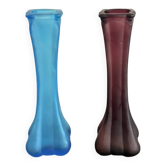 Antique Pair of Art Nouveau Frosted Glass Soliflore Vases in Blue and Purple