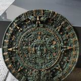 Aztec/Mayan wall solar mirror, in crushed Malachite stone, gold highlights