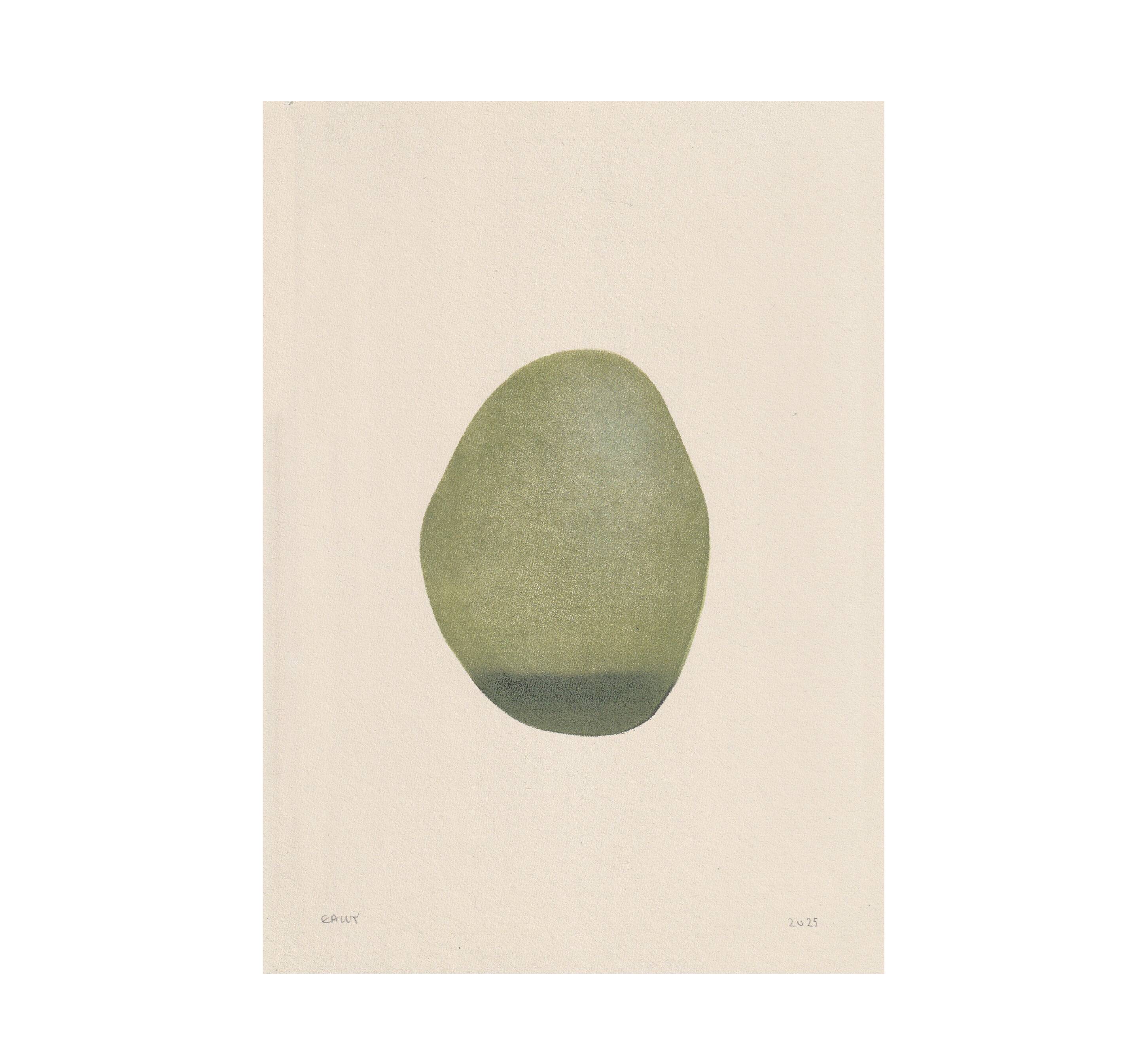 Collection of 6 abstract paintings on sage green paper, signed Eawy