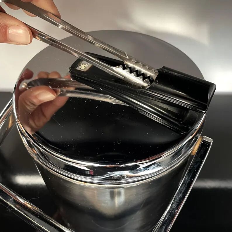 Vintage stainless steel ice bucket with lid and tongs - Made in Japan