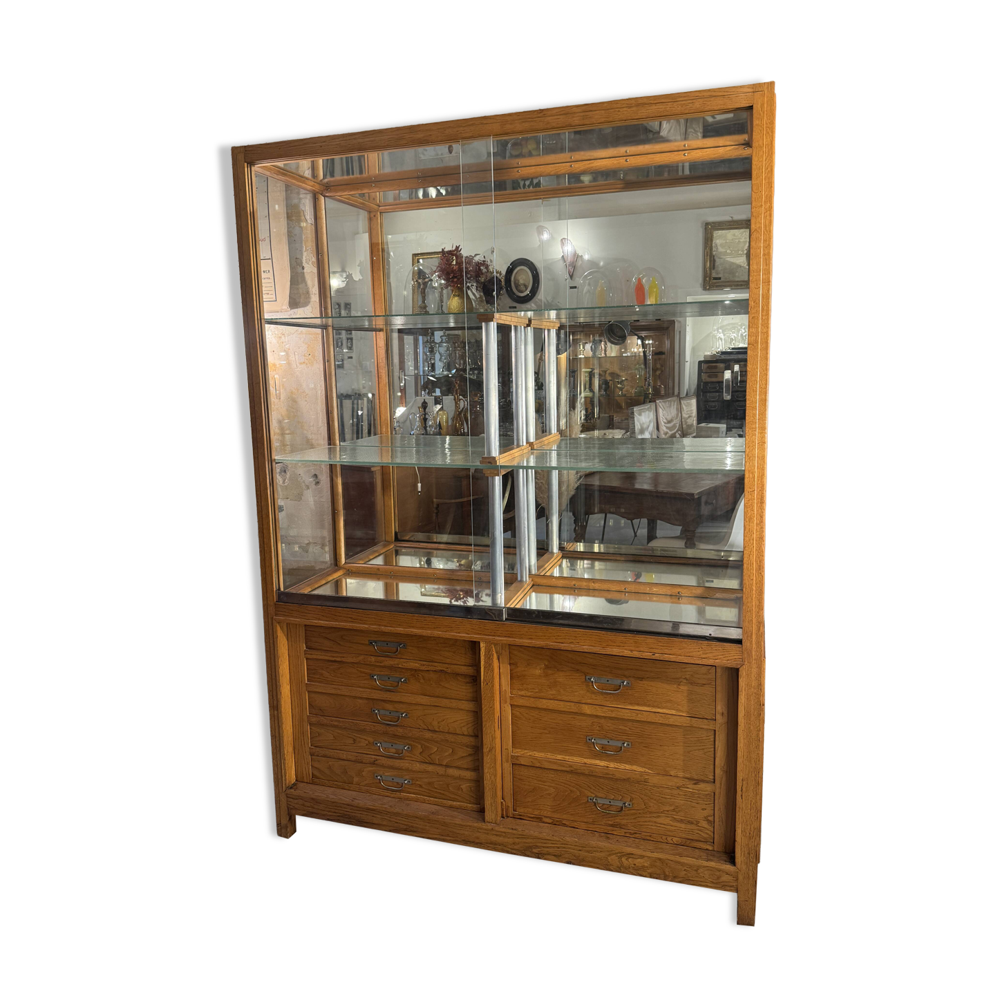 Large antique oak shop display cabinet