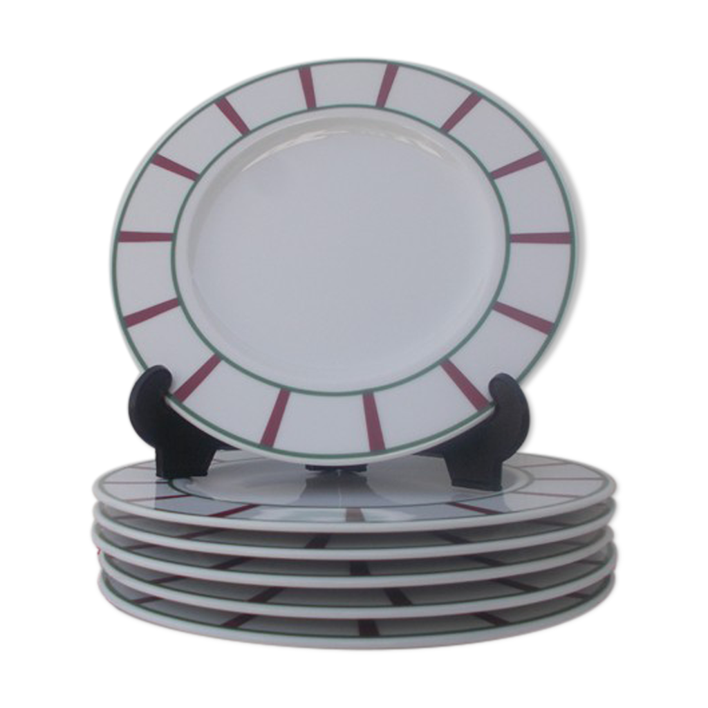 6 assiettes basque plates porcelaine verte et rouge | Selency
