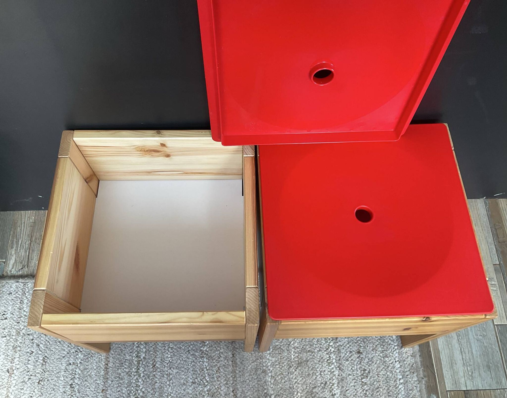 Pair of vintage IKEA pine solid wood stool chests.