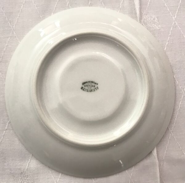 Service porcelaine à thé ou café vintage, aluminite Frugier, décor herbe stylisée