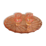 Ancient Rose Glass Plate with 4 Small Liqueur Glasses