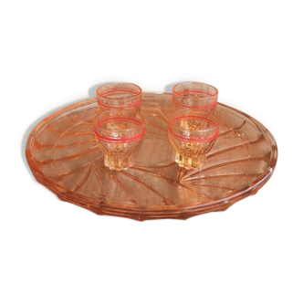 Ancient Rose Glass Plate with 4 Small Liqueur Glasses