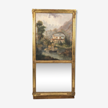 Trumeau à décor d’un paysage animé cadre stuqué et doré 59x125cm