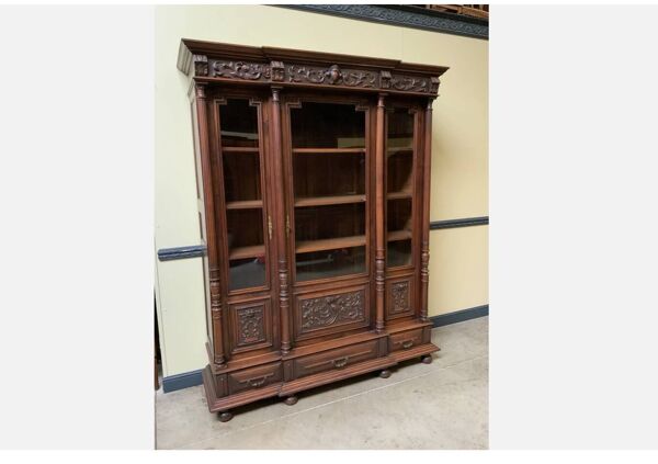 Bibliothèque néo-Renaissance ancienne, vitrine, noyer