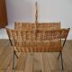 Magazine rack in rattan and black metal 70s design