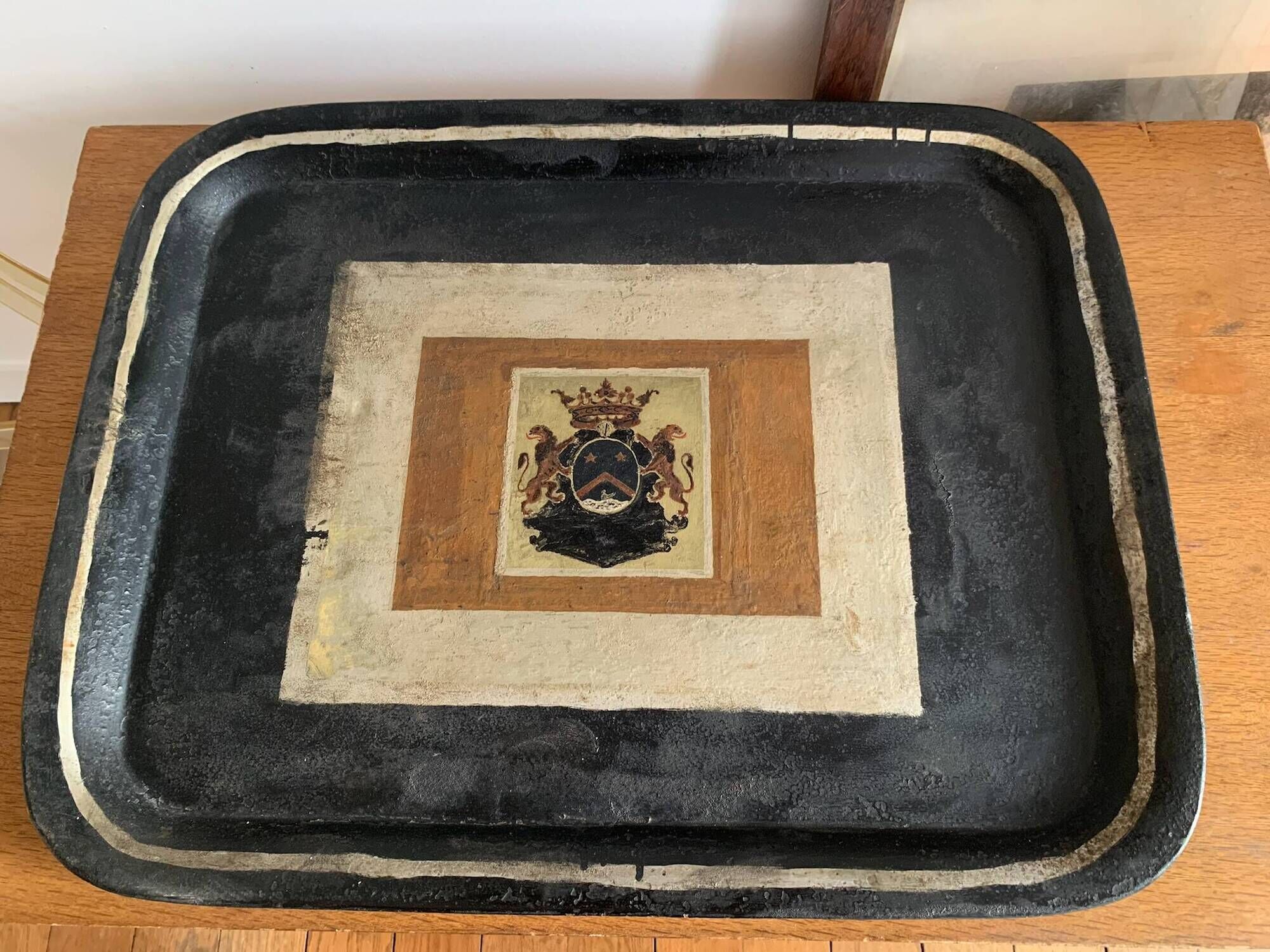 Large antique painted tin platter Napoleon III – Heraldic Coat of Arms Crown