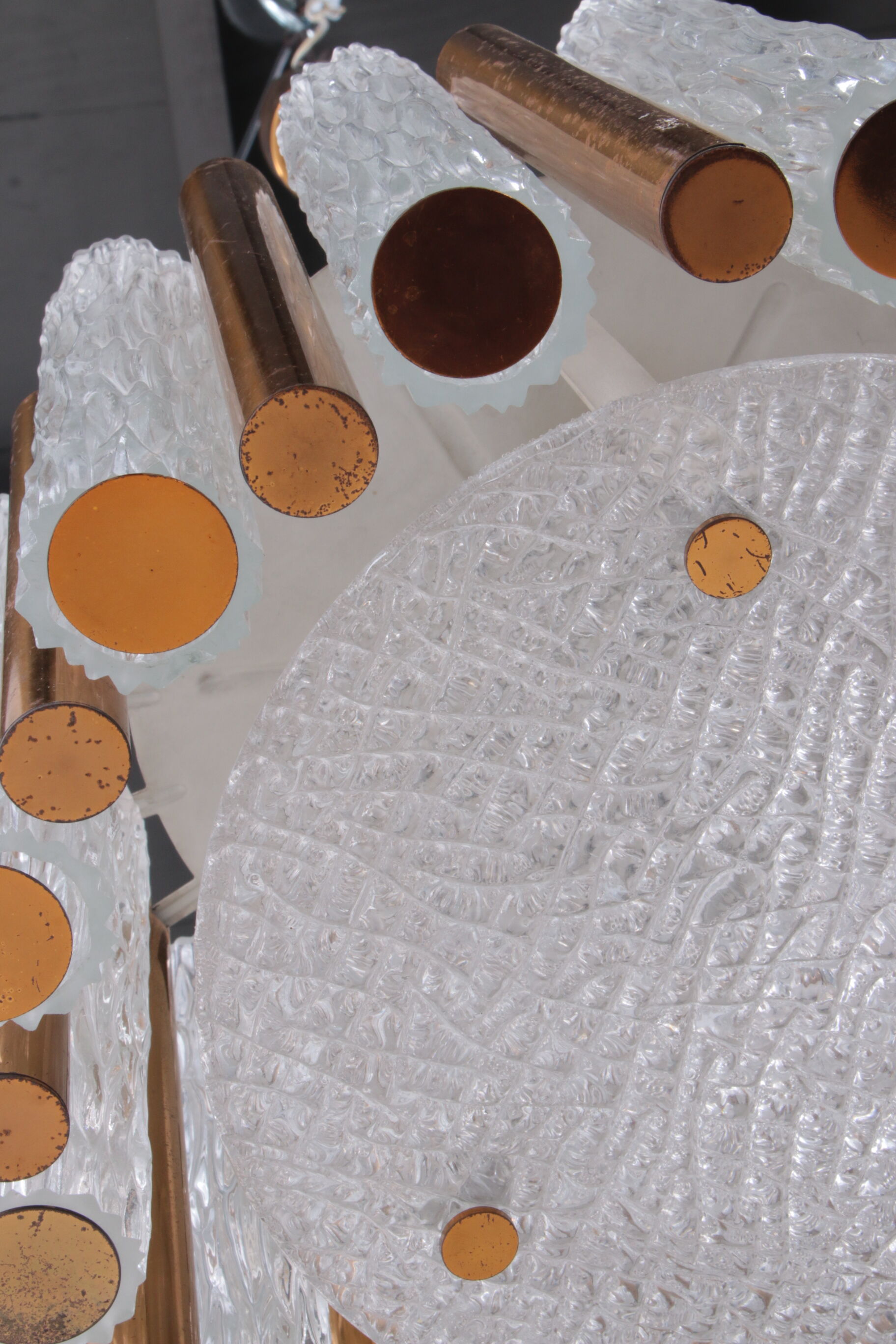 Vintage crystal ice glass round chandelier by Kaiser Leuchten, 60s