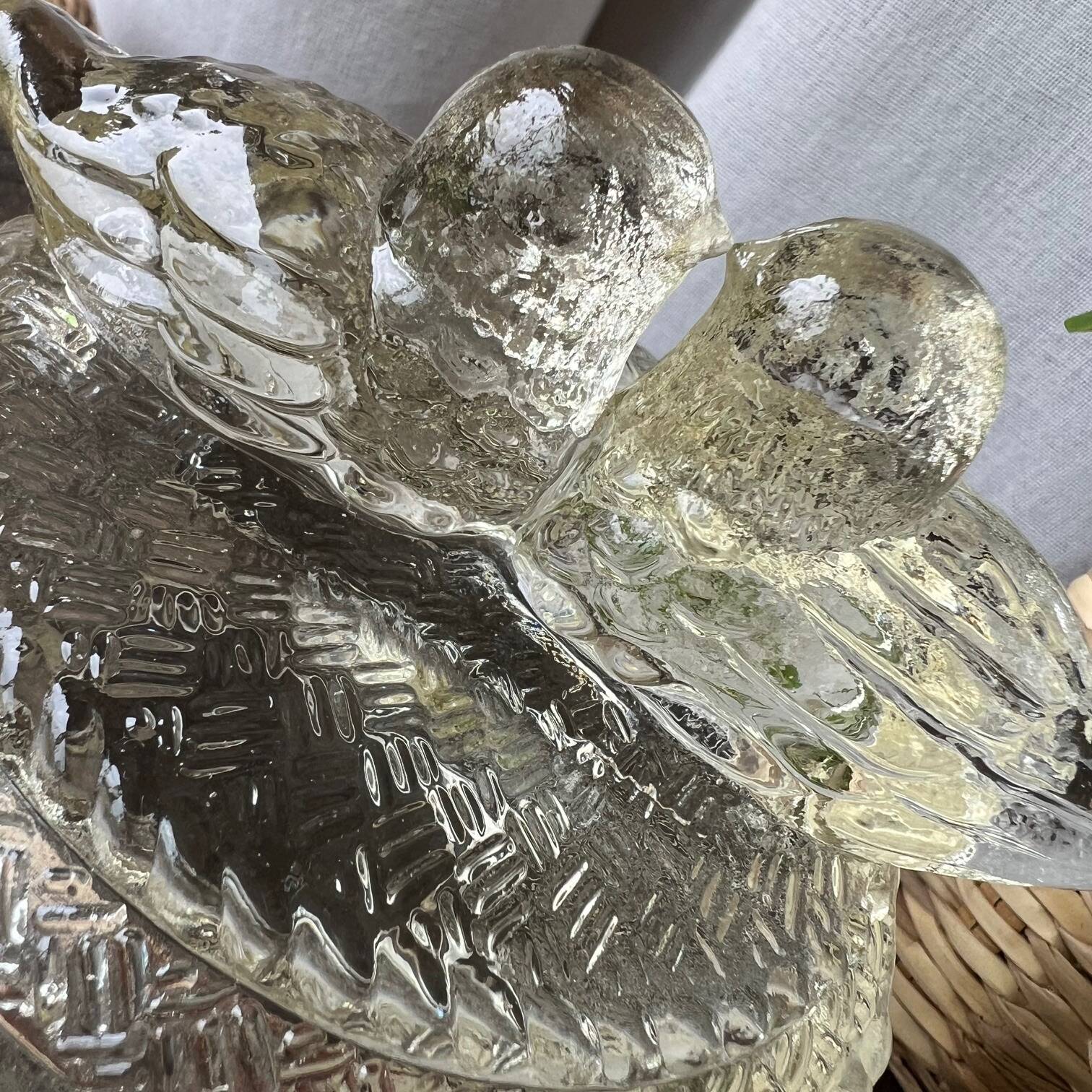 Glass butter dish with "birds" design