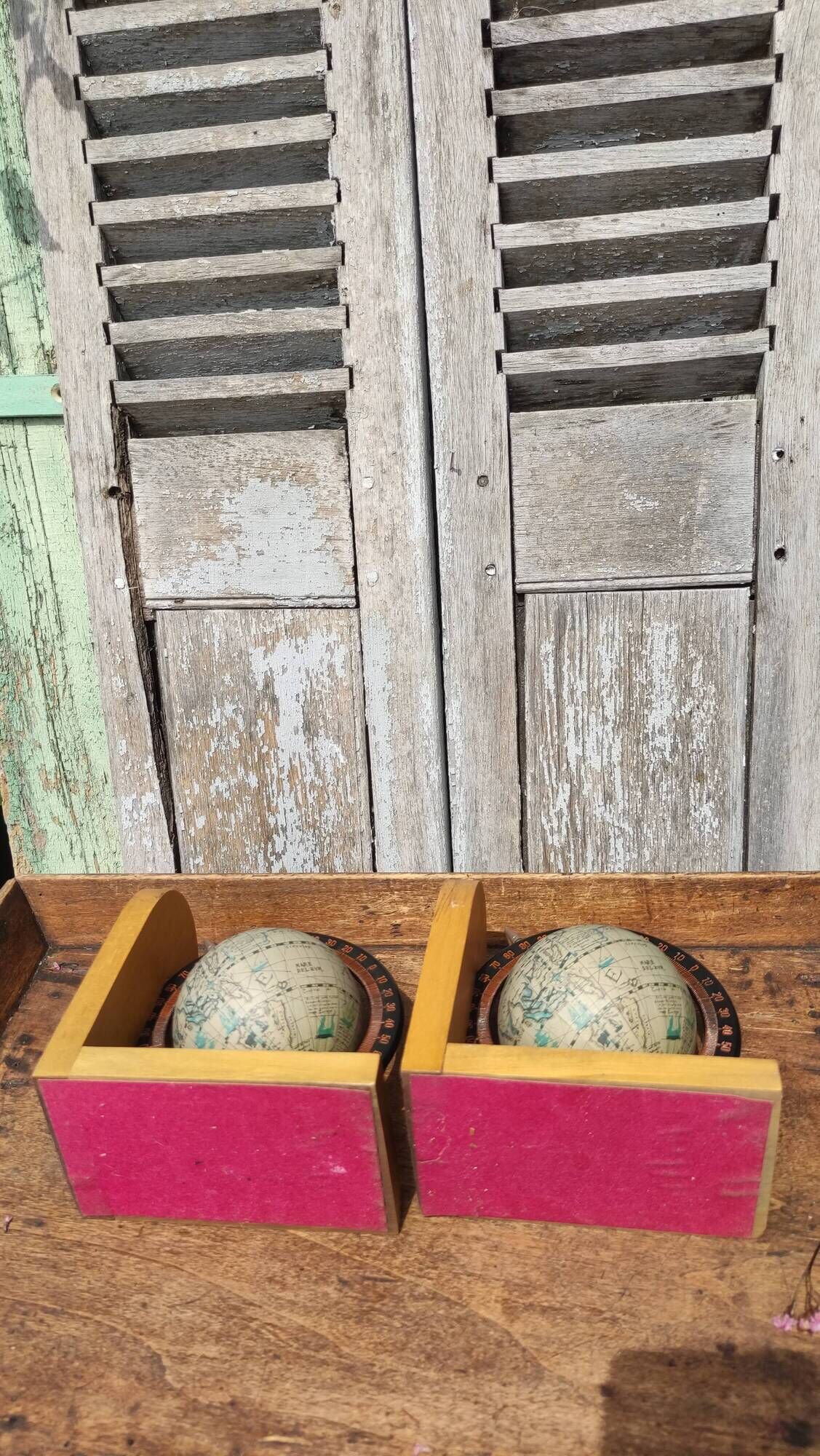 Pair of greenhouses vintage wooden books world map