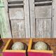 Pair of greenhouses vintage wooden books world map