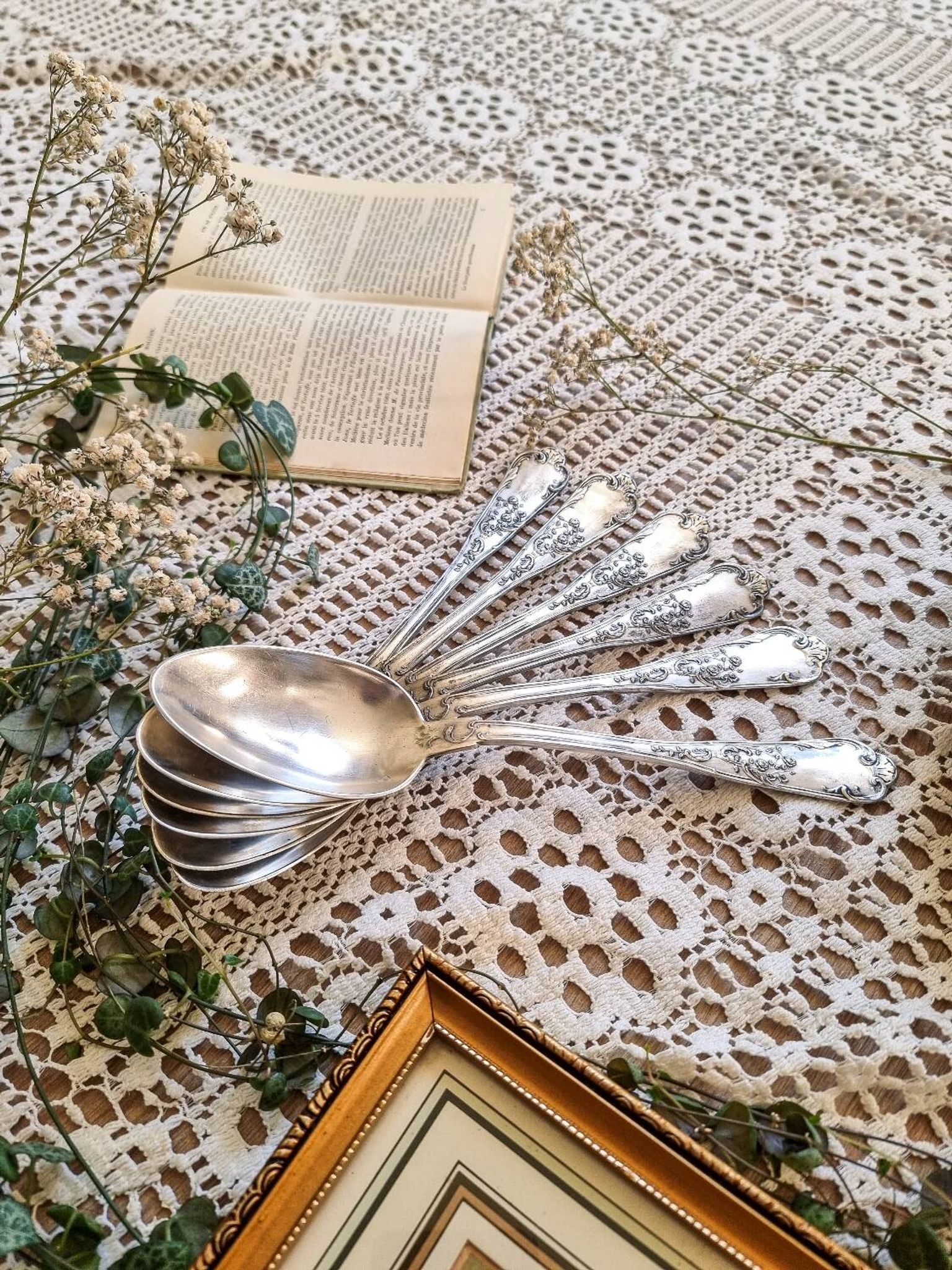 6 silver-plated metal soup spoons, 12g, art nouveau