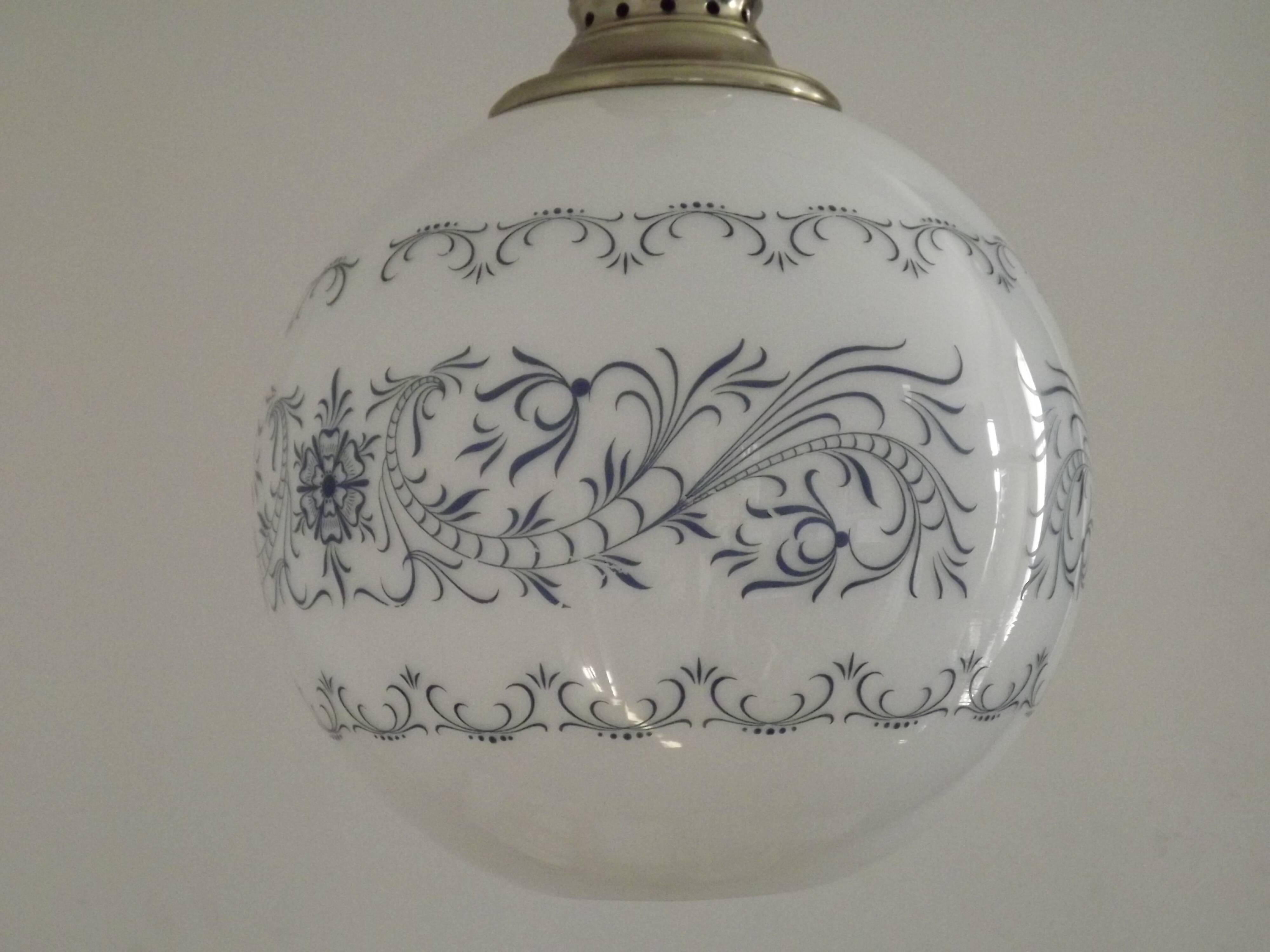French Mid-Century Globe Pendant, Blue Pattern Shade, Vintage Hanging Light