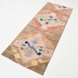 Tapis Couloir Vintage Turc, Marron, Rouge & Bleu Motifs Tribaux Géométrique