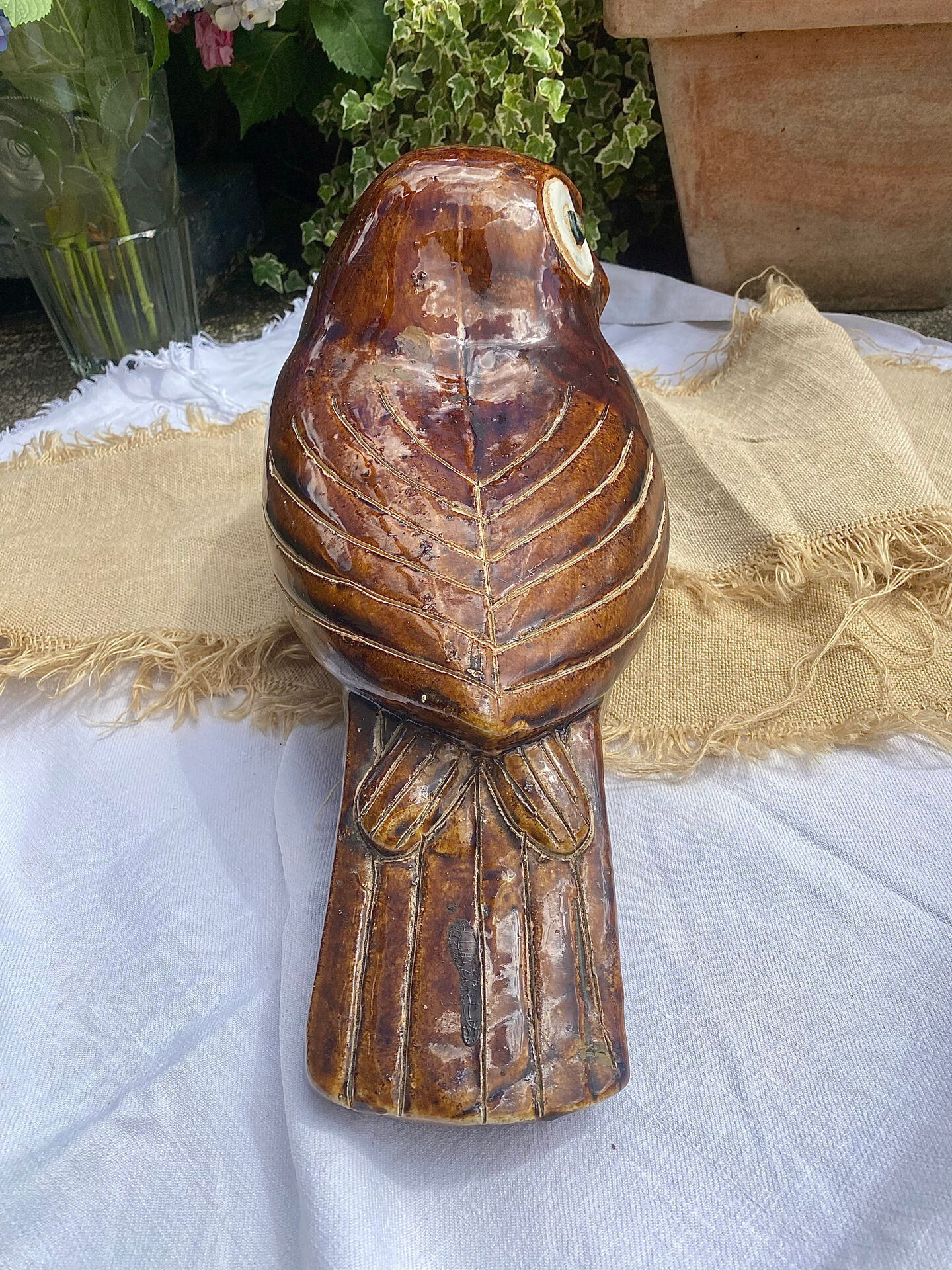 Large glazed ceramic owl sculpture signed