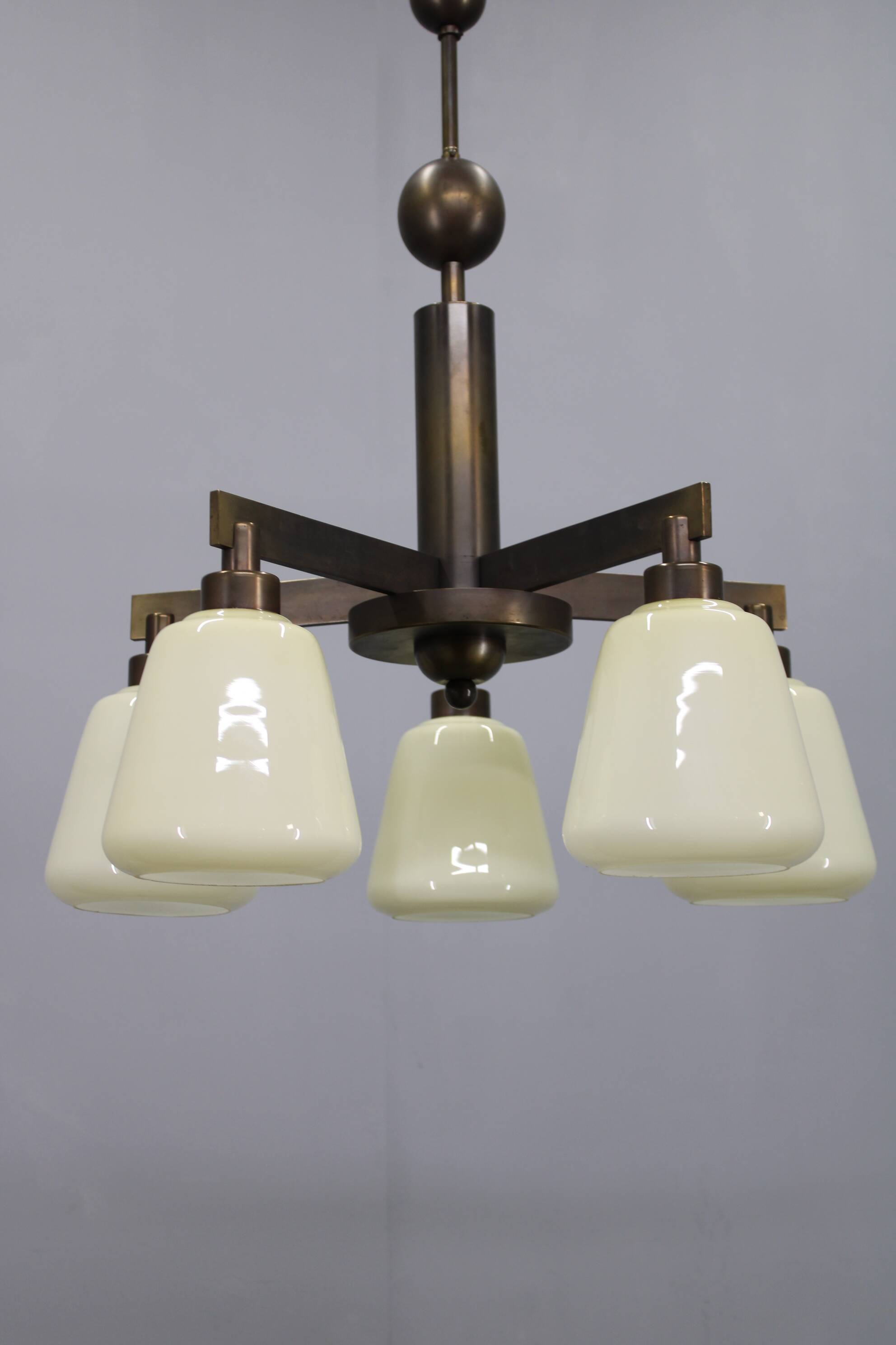 1930s Art Deco Brass Chandelier, Czechoslovakia