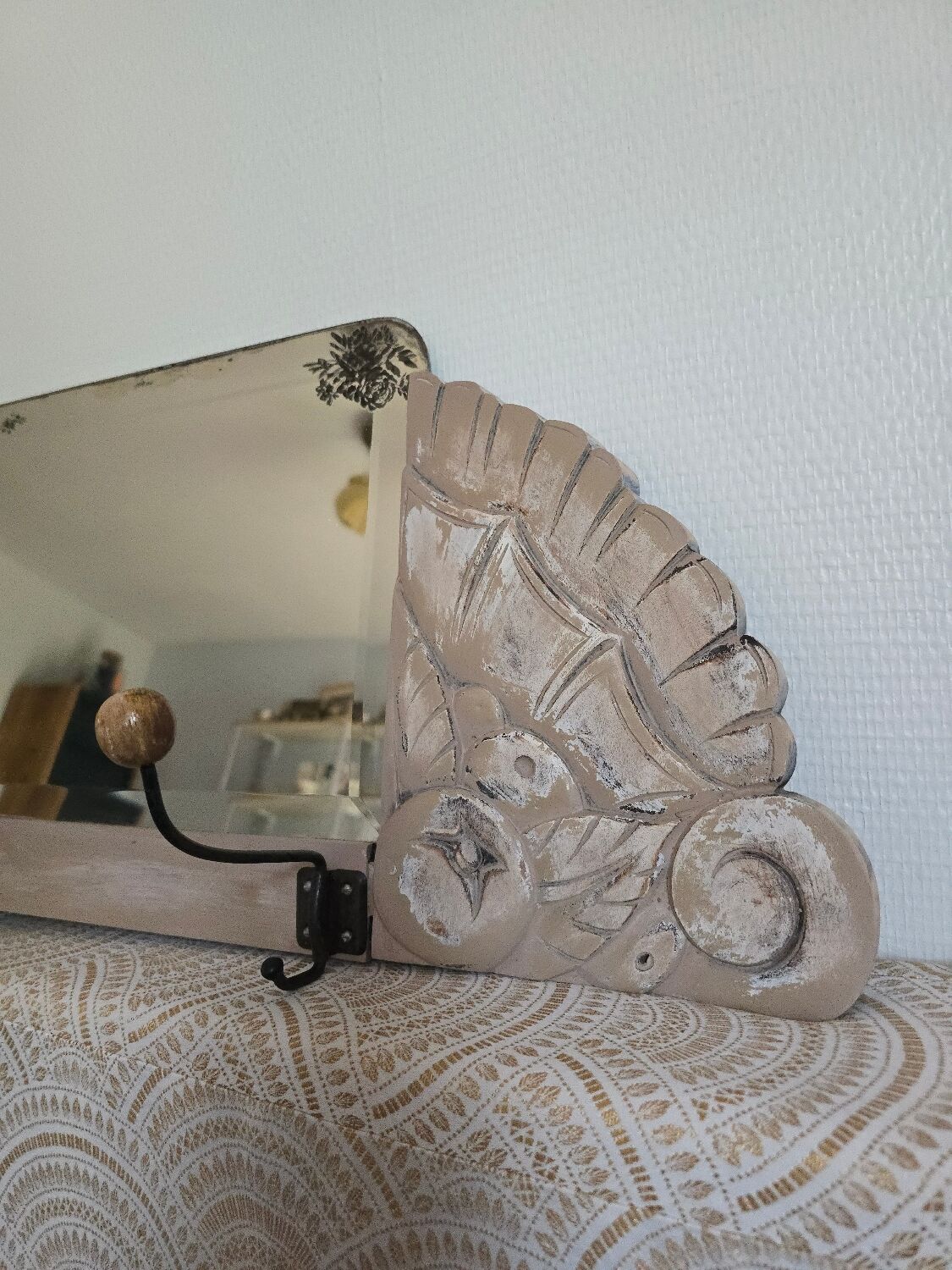Art Deco wall coat rack with 3 hooks and a mirror.