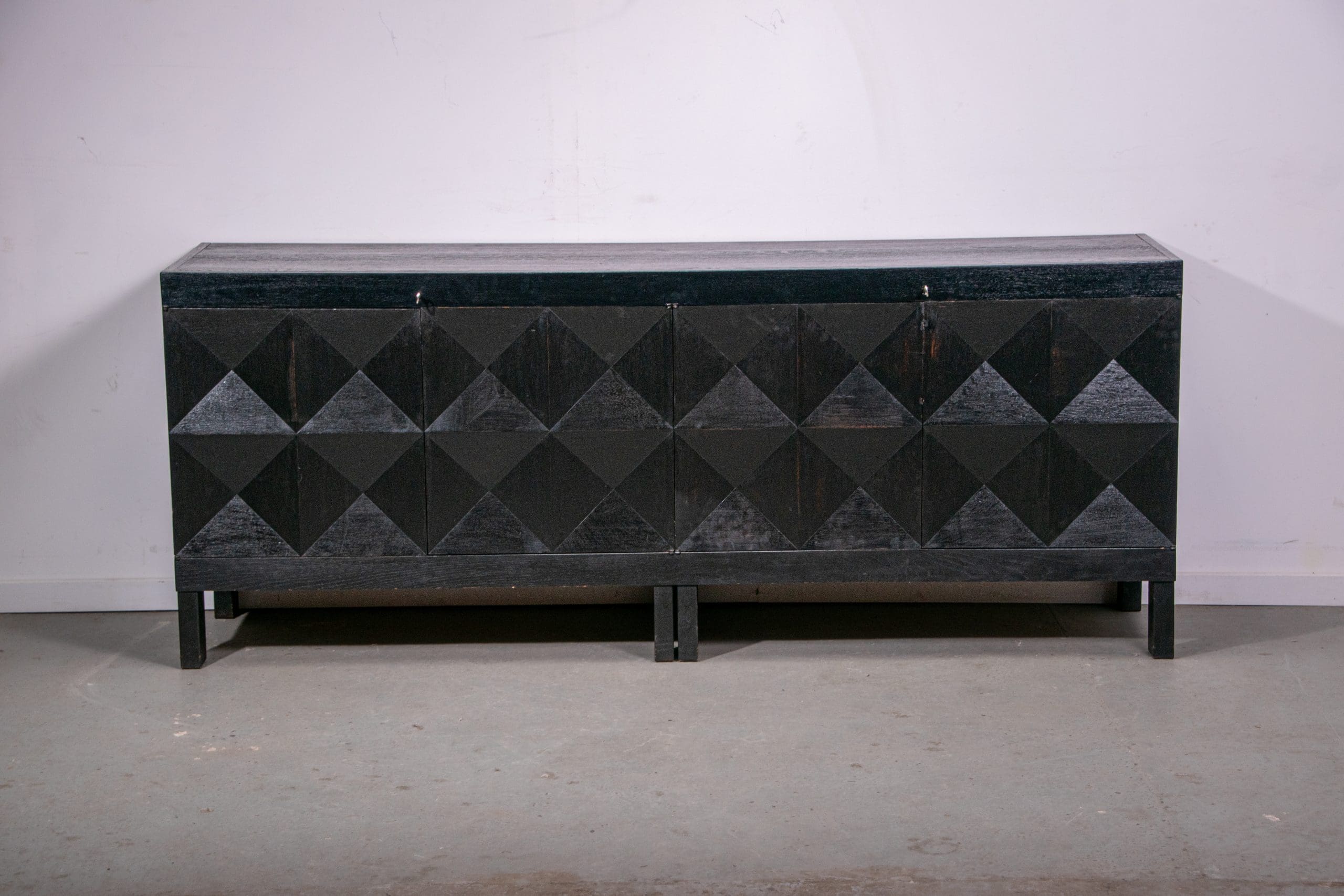 Black oak brutalist sideboard by Jean Batenburg with graphical doors for MI, Belgium