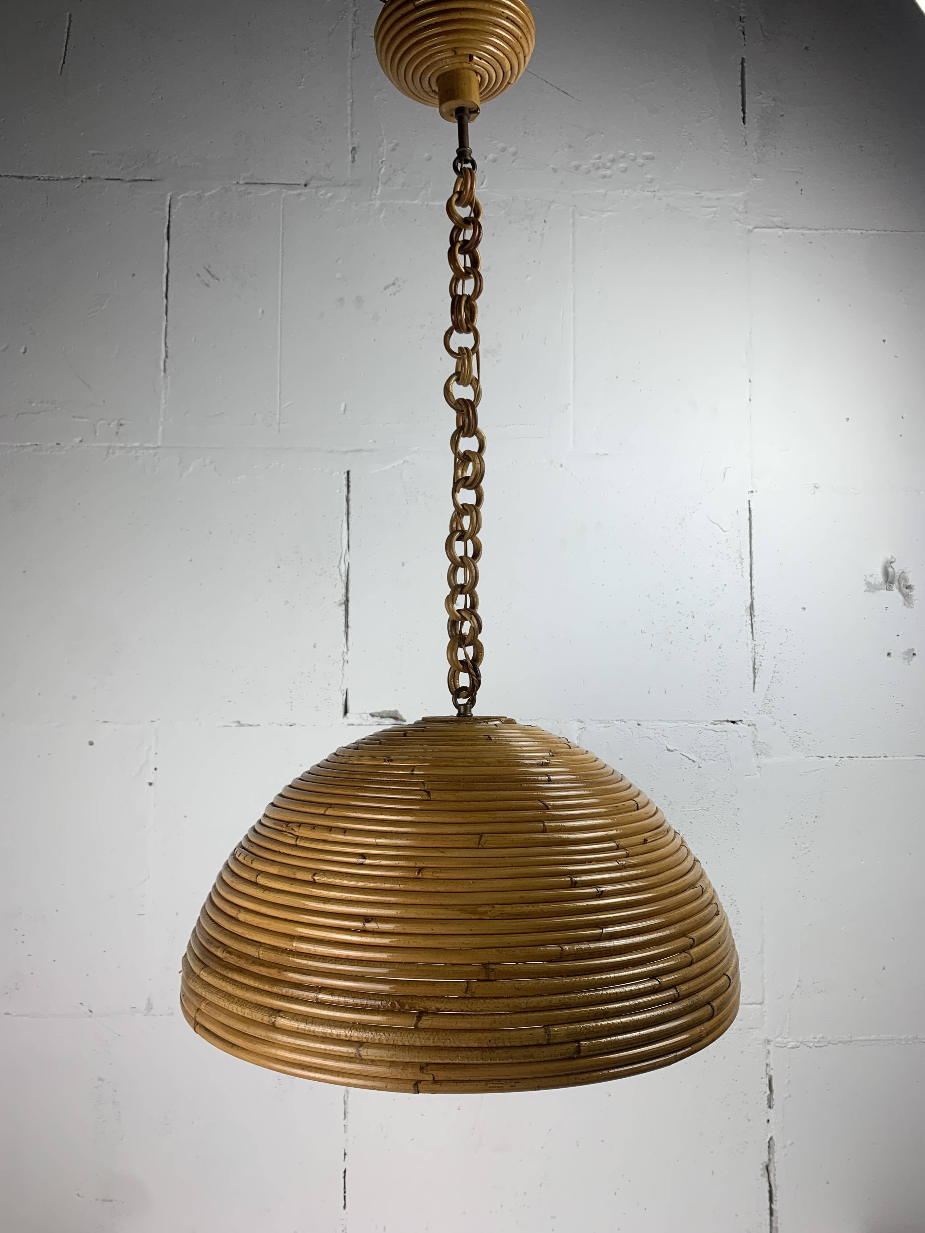 Midcentury pencil reed rattan bamboo pendant hanging lamp, Italy, 1970s