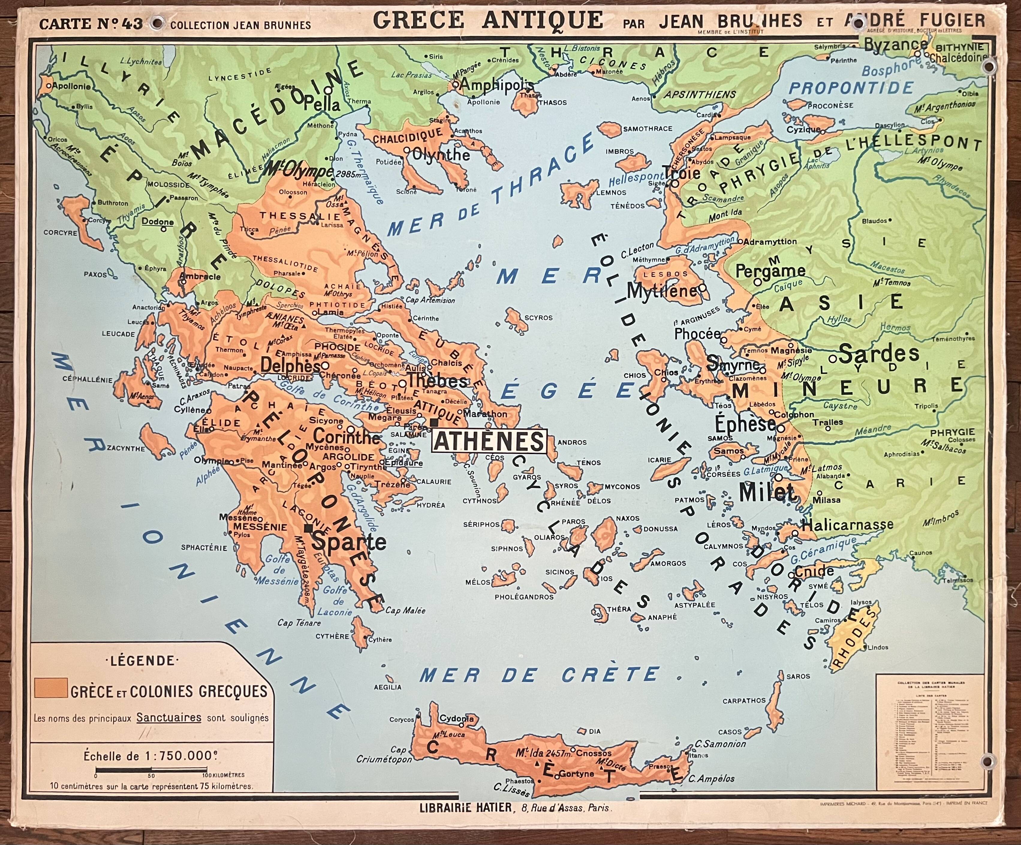 Old school map Hatier Brunhes 43, 1940 - Greece and ancient Italy