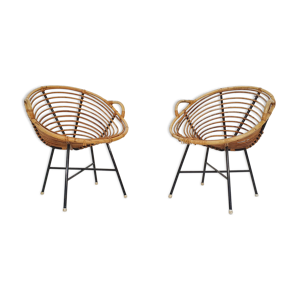 Ensemble de deux fauteuils en rotin Rohe Noordwolde et en métal, Pays-Bas des années 1950