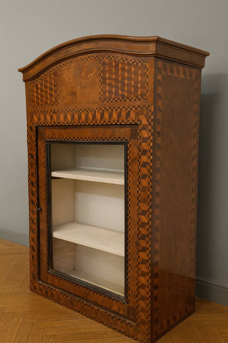 Antique Louis XV display cabinet with geometric marquetry decoration.