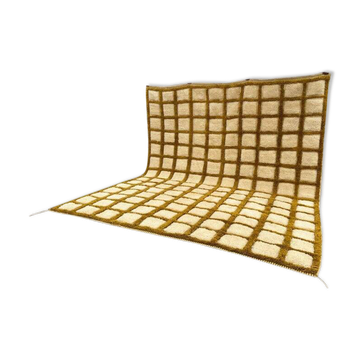 Très grand tapis berbère marocain écru et camel 400x300 cm  motif quadrille