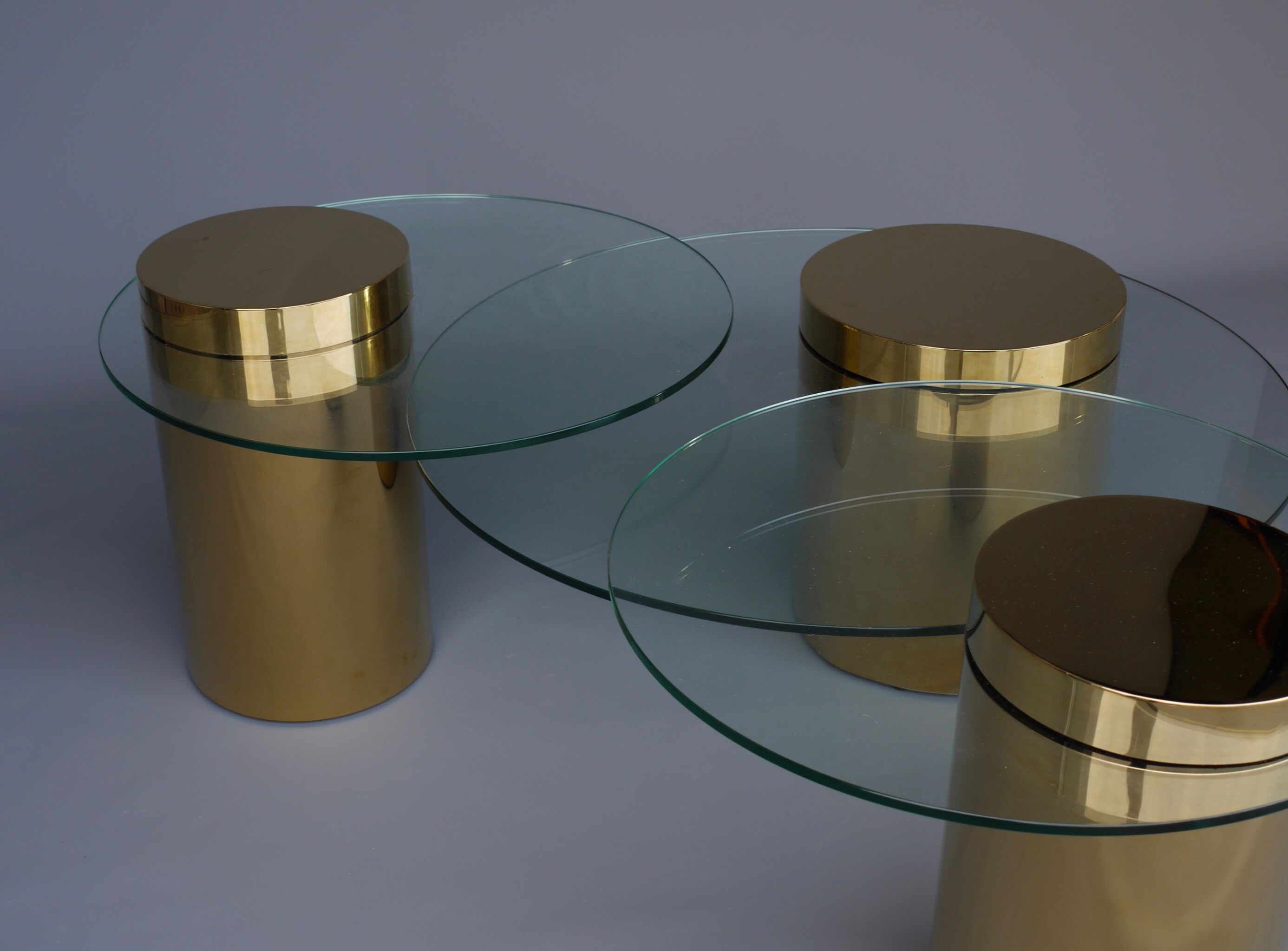 Polished Brass and Glass Low Tables. 2000s. Set of 3