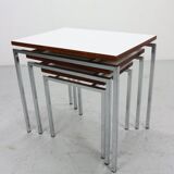 White Nesting Table Set with chrome frame and wood detail, 1970s