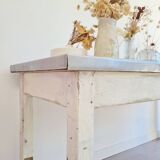 Antique work table in patinated white wood and zinc top - workbench