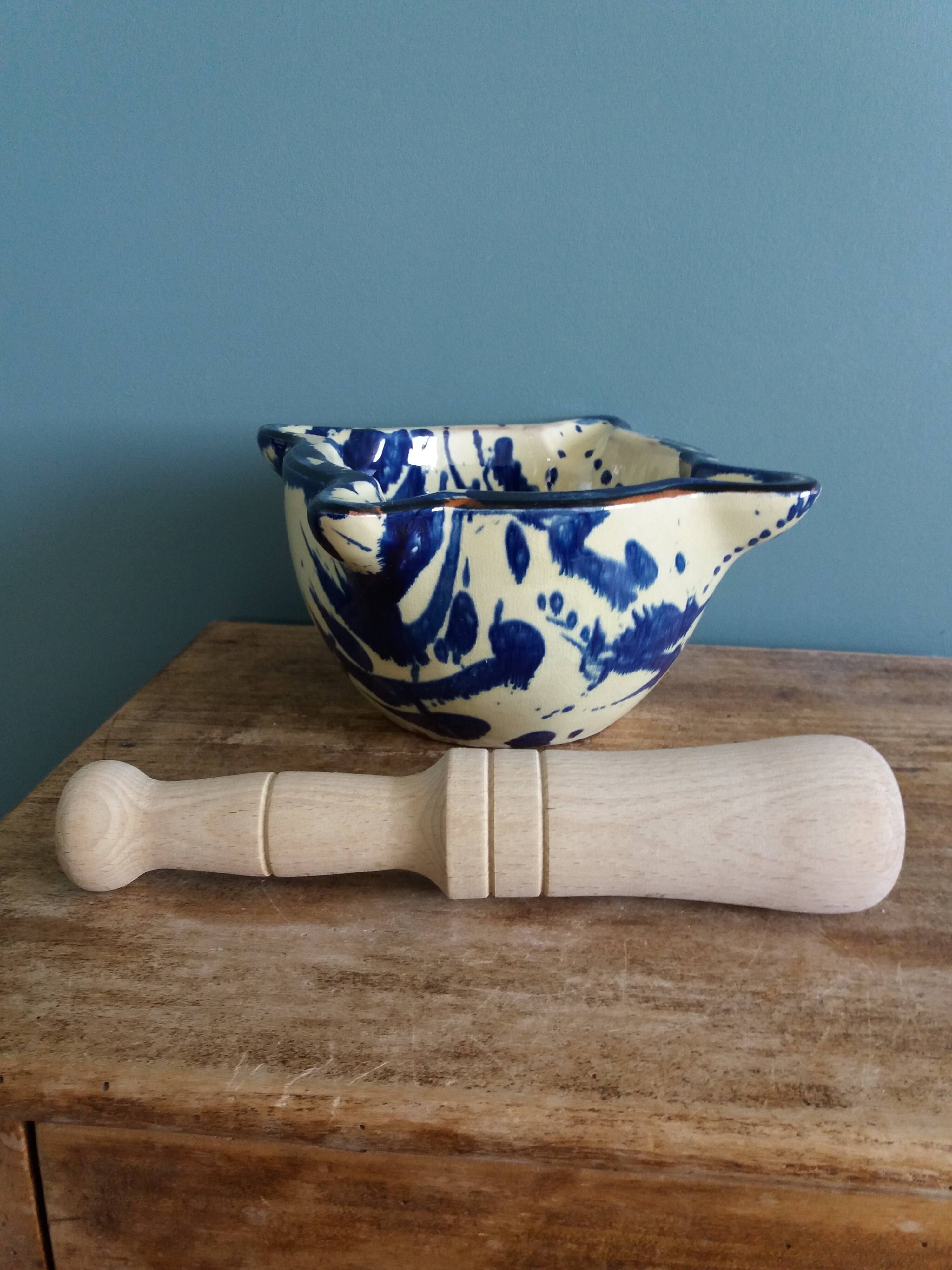 Glazed terracotta mortar and wooden pestle