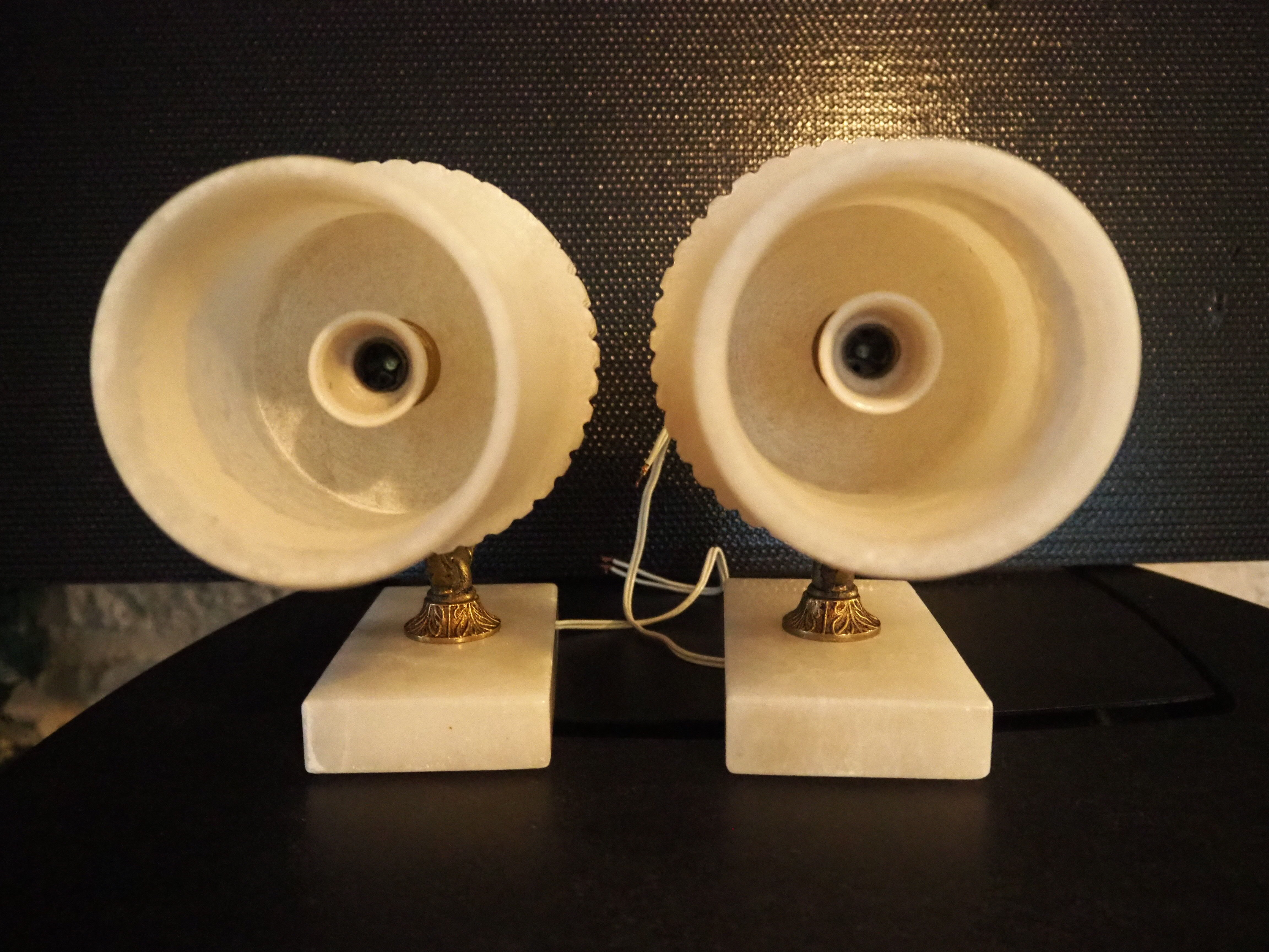 Pair of curved alabaster and bronze appliques