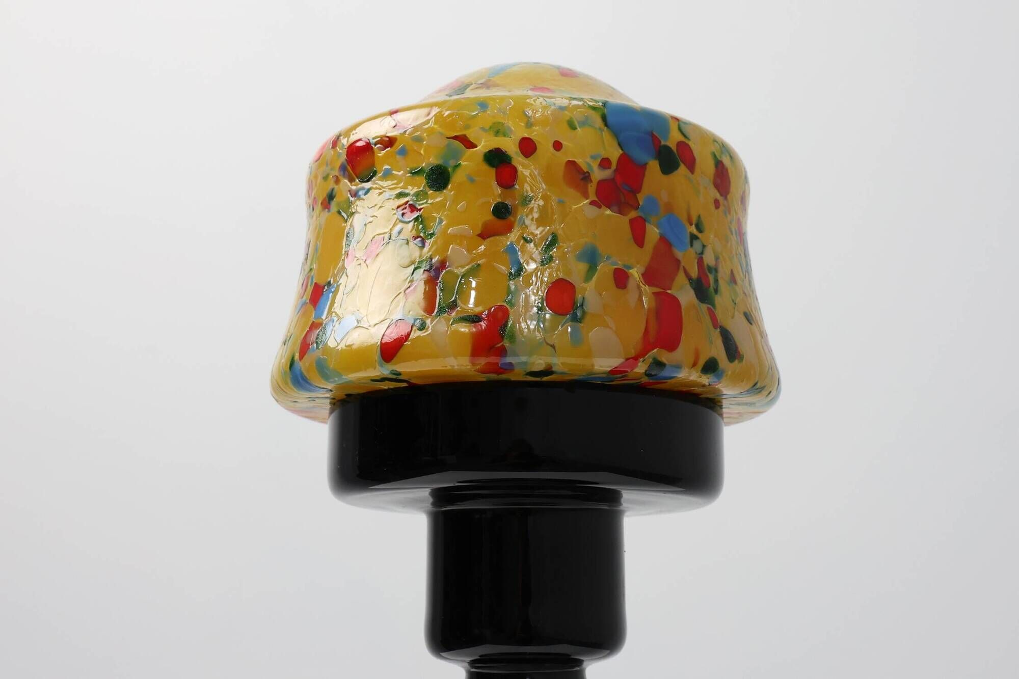 French Art Deco Table Lamp with Multicolored Spatter Glass Shade and Black