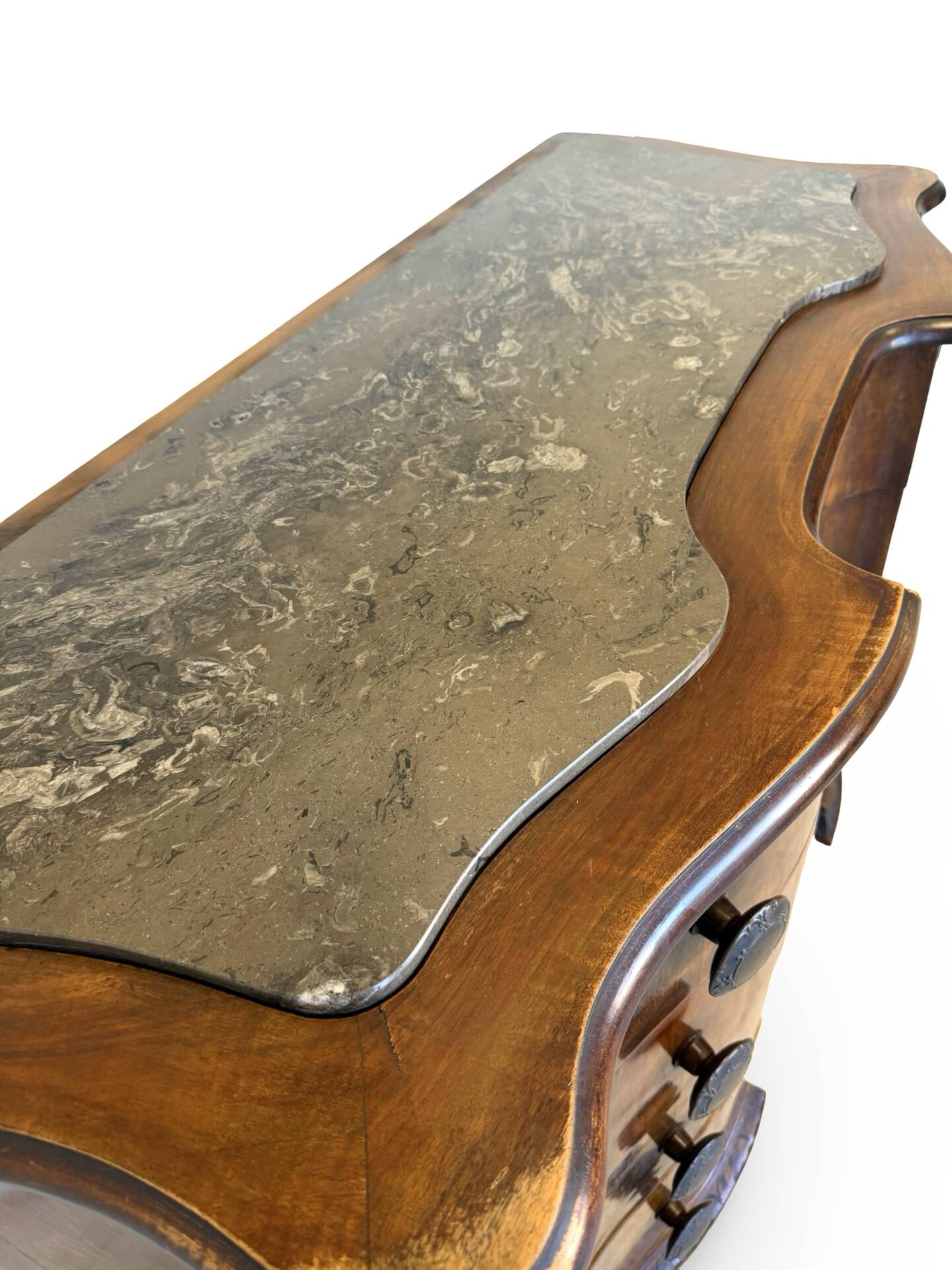 serpentine commode in antique walnut