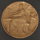 Tondo medallion in patinated plaster, woman and putti, late 19th century