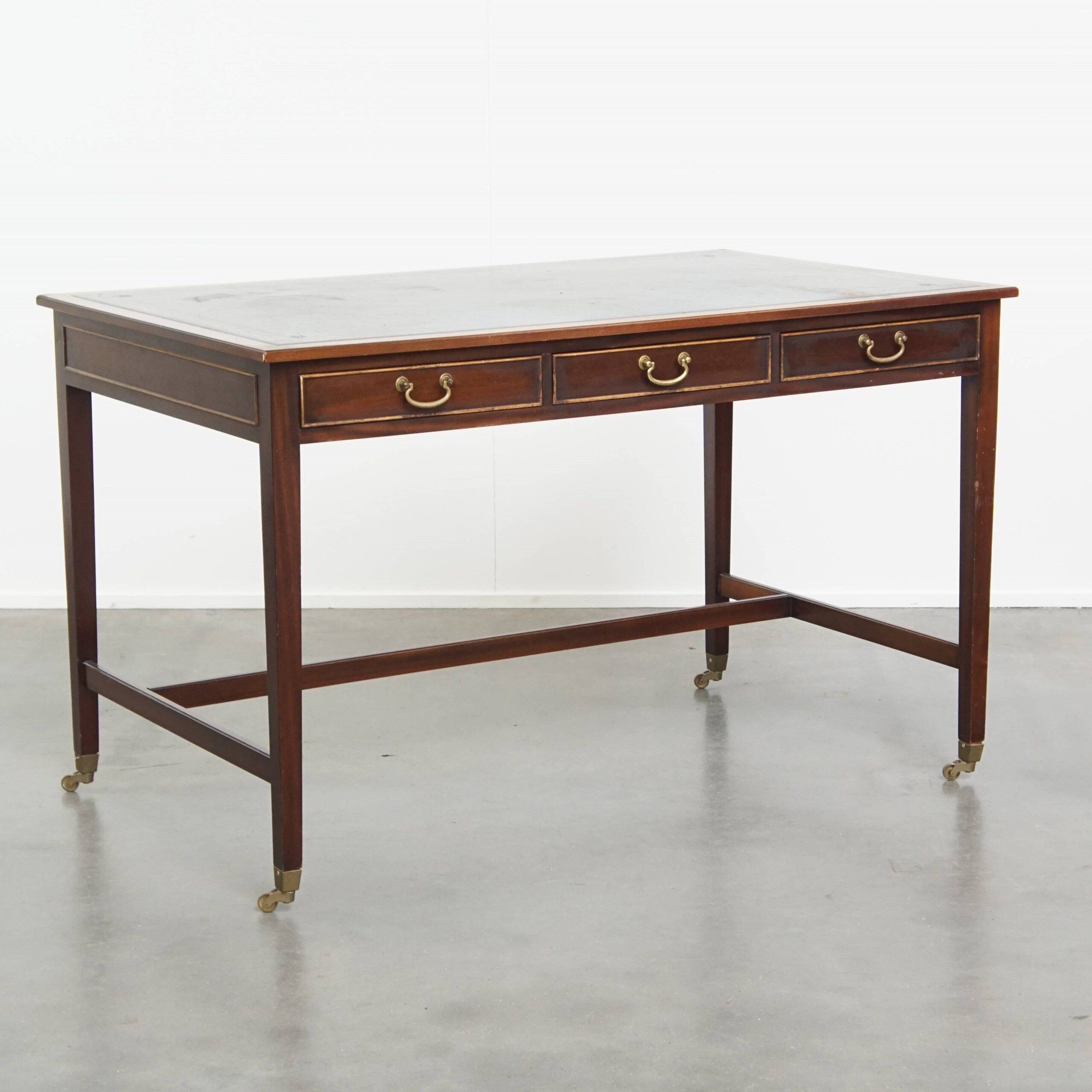 Writing desk/desk on wheels in English style with a blue leather top