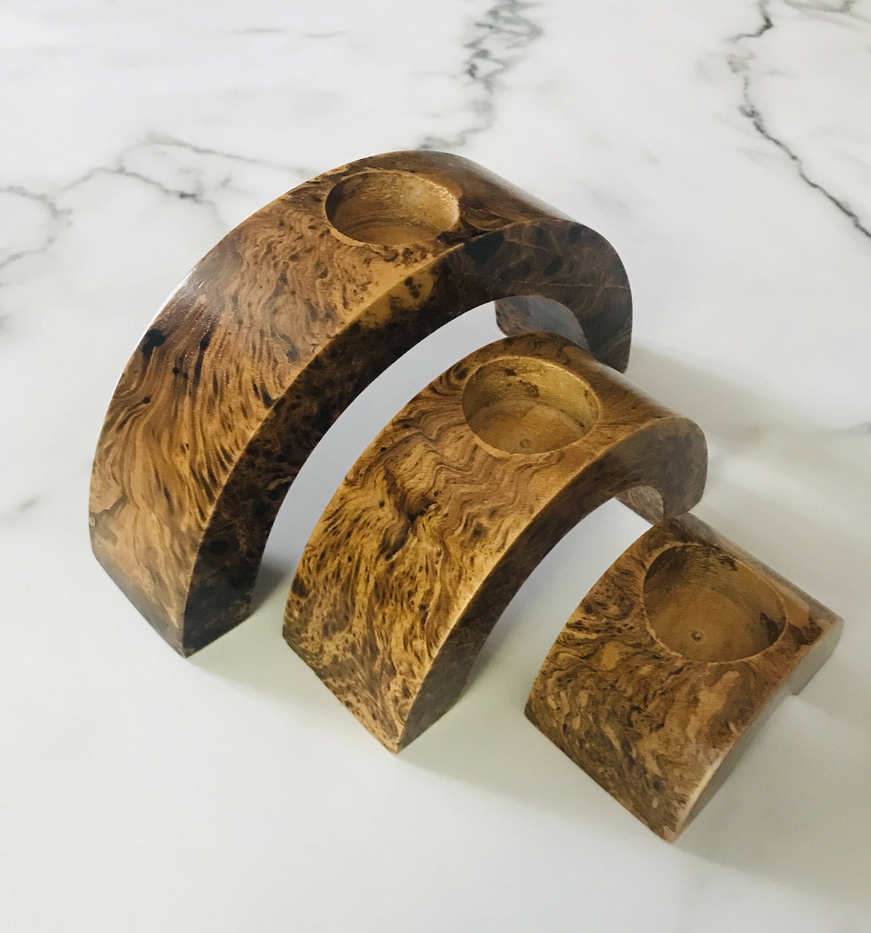 Triptych candle holders arcs wood
