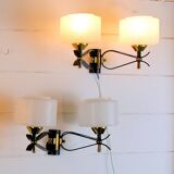 Paire d'applique double, Mid-Century, noir laiton Opaline, France 1950's