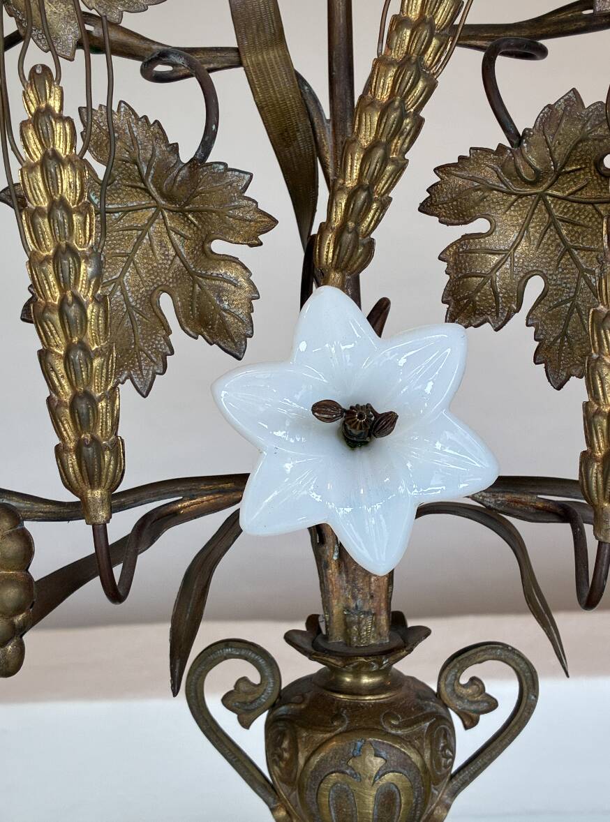 Pair of French Brass Candelabras with Opaline Glass Flowers and Grape Motif