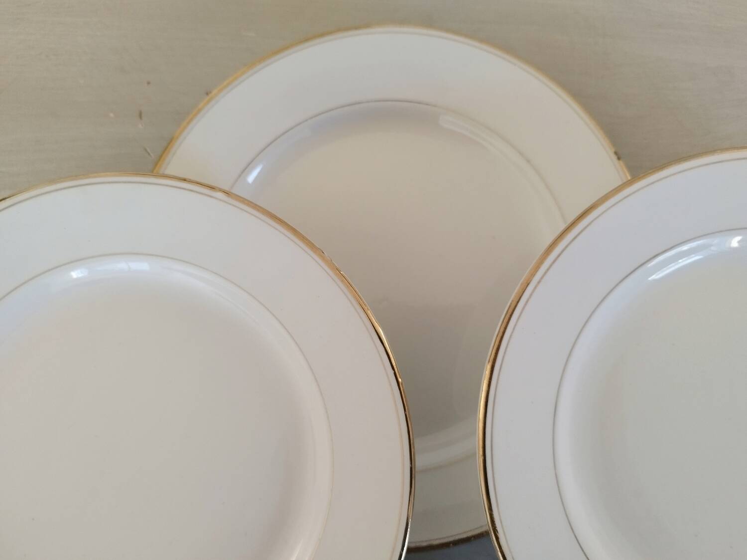 Old Earthenware Dinner Plates Hamage and Moulin des Loups White and Vintage Golden Fillet
