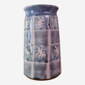 Original vase signed in blue purple glazed terracotta with pink motifs