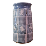 Original vase signed in blue purple glazed terracotta with pink motifs